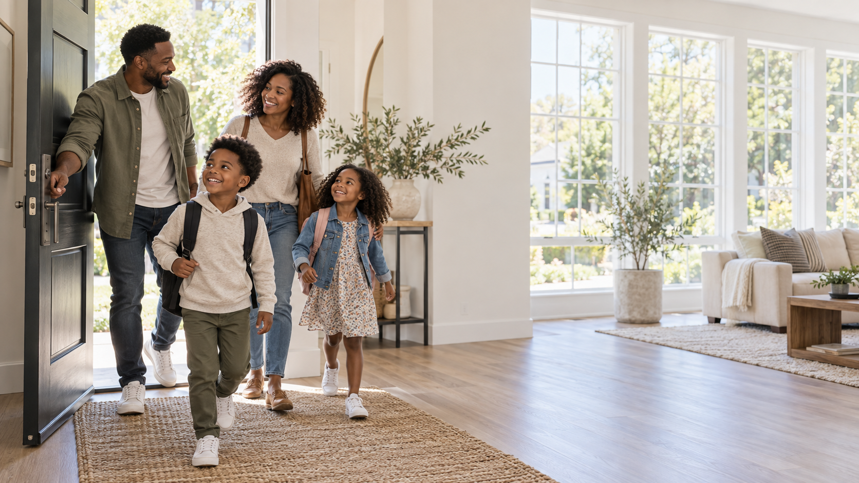 A family arriving at their new home.