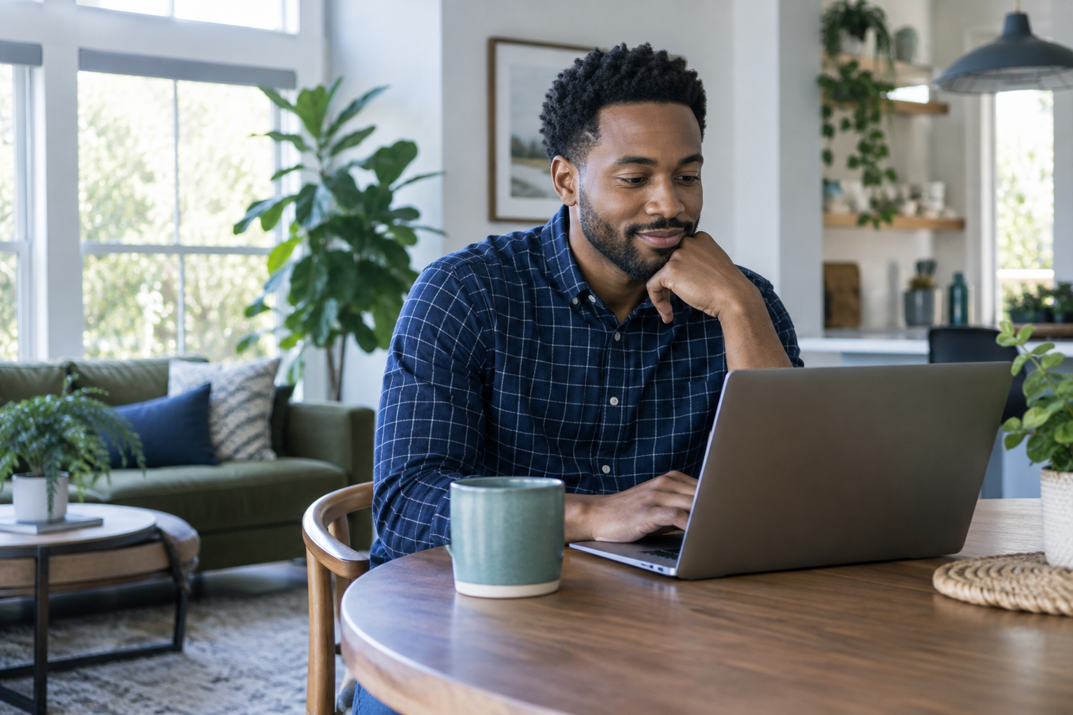 A person reviewing information on a laptop at home.